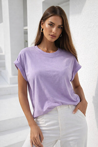 Rich Women's Lilac Cotton Double Sleeve Detailed Comfortable Fit T-Shirt