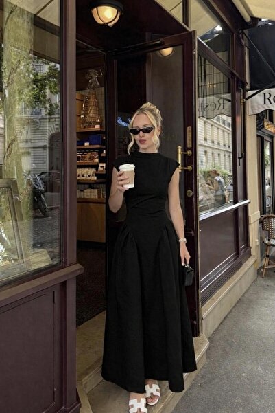 MEGOMEL Γυναικείο μαύρο φόρεμα χωρίς σχέδια, με ψηλό γιακά, βαμβακερό, κομψού...