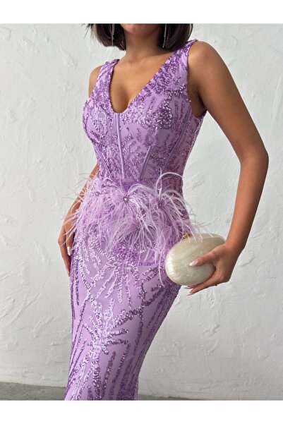 ADAMODA.RO Κομψό μακρύ φόρεμα με παγιέτες και φτερά