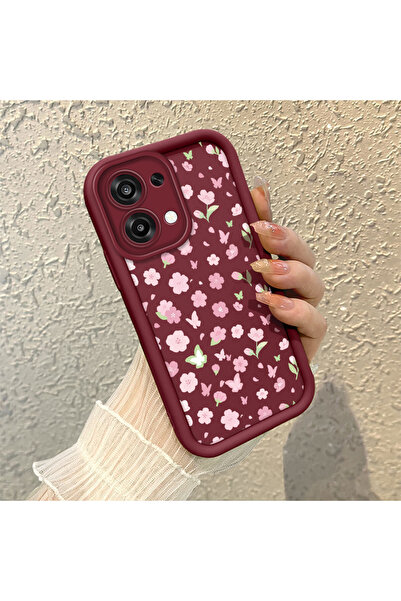CASEVIBE Oppo A6 Pro 4G/5G Uyumlu Şirin Çiçek Desenli Bordo Telefon Kılıfı