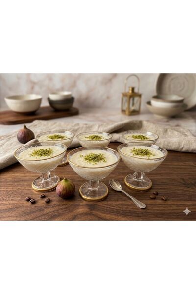 ARGKRİSTAL 6’lı Ayaklı Cam Tatlı Kasesi Gold Taban – Muhallebi, Sütlaç, Magnolia