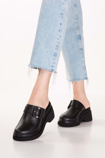 Gondol Genuine Leather Platform Sole Sabo Slippers Pkr.64030 Black