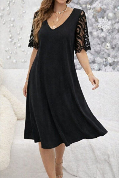 Kokosh moda Women's Sleeves Lace Detailed V-Neck Midi Summer Viscose Dress