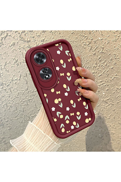 CASEVIBE Oppo A60 Uyumlu Sevimli Çiçek Desenli Bordo Telefon Kılıfı Yumuşak S...