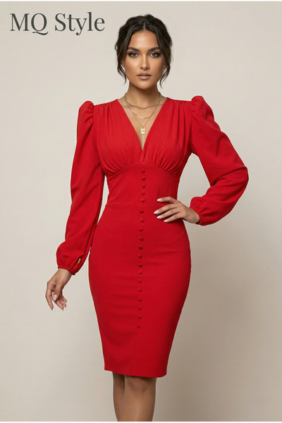 MQ Crepe Fabric Dress with Long Sleeves and Buttons