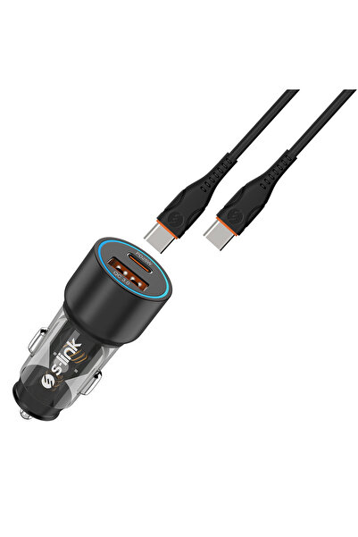 S-LINK SL-AC43TP TypeC to TypeC Kablolu 43W PD 25W + QC3.0 18W Siyah Araç Şar...