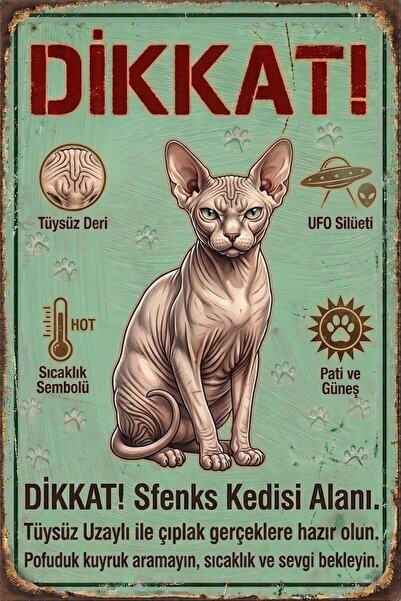 Iron Paws - Sfenks (Tüysüz Uzaylı) - Uyarı Levhası - Paslanmaz Metal Görünüml...