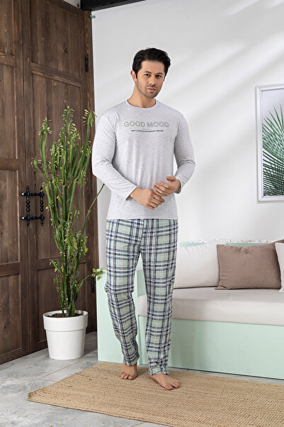 MİSSLALE Σετ ανδρικών πιτζάμες με μακρυμάνικο βαμβακερό καρό σχέδιο