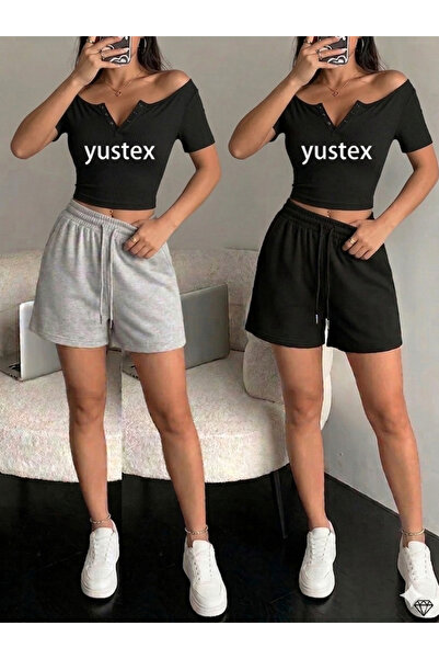yx yustex sport 2-Piece Women's Black - Gray Basic Shorts Set - Comfortable F...