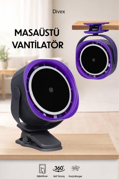 Divex 360° Dönebilen Masaüstü ve Mandallı Vantilatör - Şarjlı, Güçlü Rüzgar E...