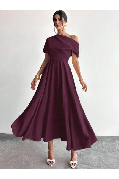 JANES Γυναικείο βραδινό φόρεμα με κοντό μανίκι, πλισέ στον ώμο, μακρύ κρεπ, φ...