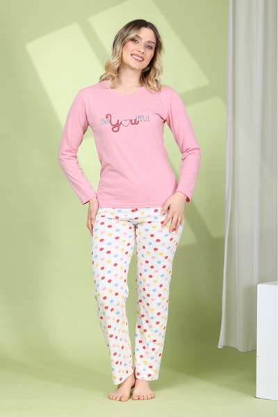 BARAY TEKSTİL Kadın Pudra Süprem Kumaş Uzun Kollu Pijama Takımı – Baskılı Üst...