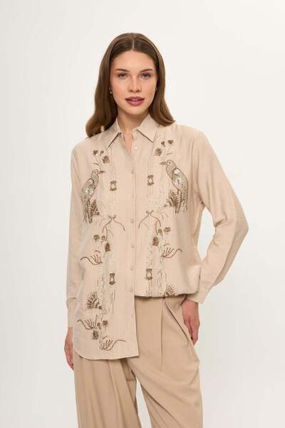 TIFFANY&TOMATO Kuş ve Çiçek Boncuk İşlemeli Oversize Gömlek