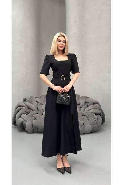 Paraf style Μαύρο κομψό γυναικείο φόρεμα μίντι μήκους με ζώνη και κοντά μανίκια