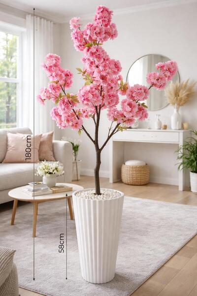 Rota Nest 180cm Pembe Bahardalı Lilyum 58cm Çizgili Saksılı Yapay Ağaç