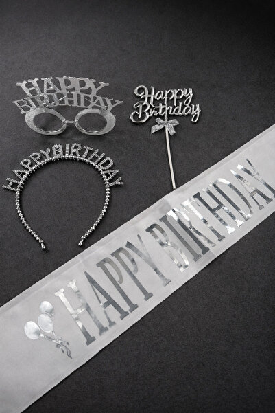 PARTİPORT Happy Birthday Parti Seti Gümüş Renk Taç Gözlük Pasta Süsü ve Kuşak...