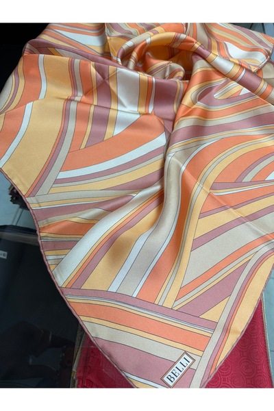 Belli Oranj Geometrik Desen %100 Twill İpek Eşarp
