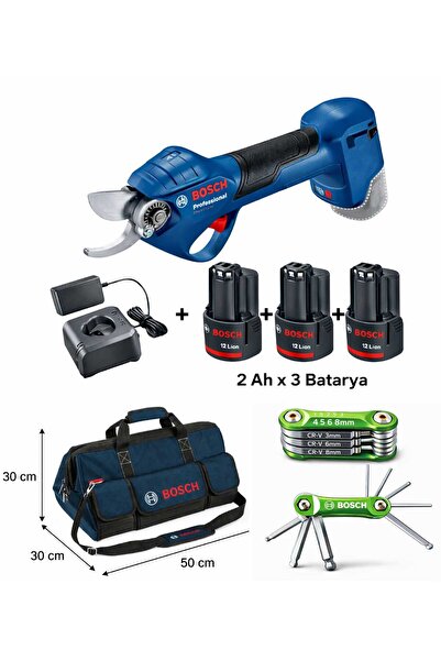 Bosch Pro Pruner Şarjlı Dal Budama Makası 3× 2 Ah Batarya + M Beden Çanta + 8...