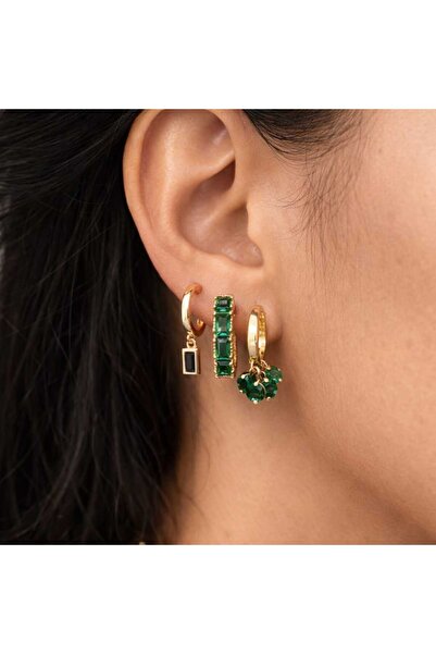 XUPİNGS JEWELRY Kadın Yeşil Zirkon Taşlı Halka Küpe Seti