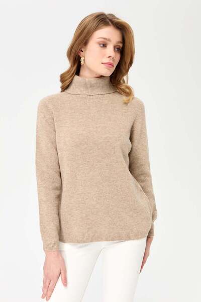 Desen Triko Γυναικείο Κλασικό Μάλλινο Πουλόβερ με Ολόσωμο Ζιβάγκο Σκούρο Μπεζ