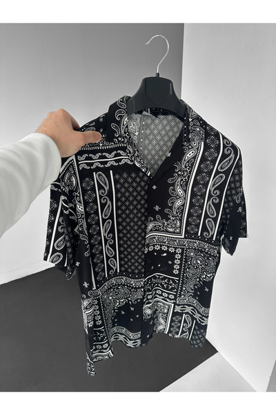 NO1 KONSEPT Μαύρο πουκάμισο Efil Efil Alaçatı με σχέδιο σάλι
