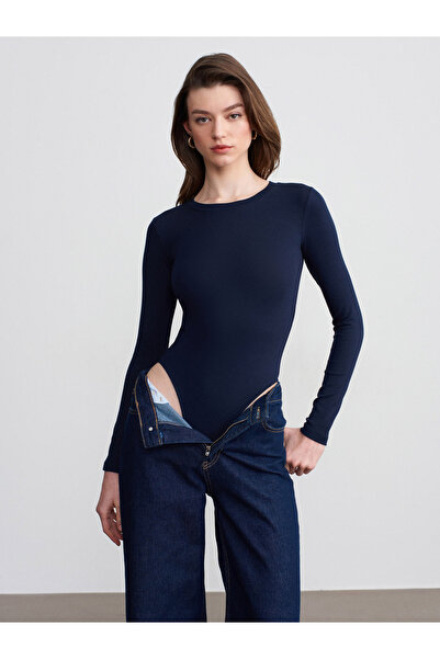 Dilvin 32695 Long Sleeve Bodysuit-Dark Blue