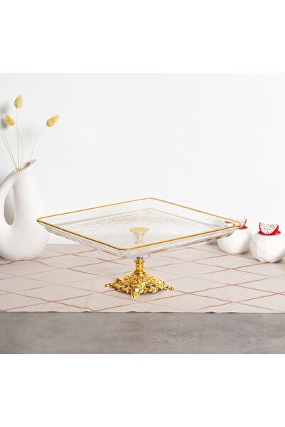 Elta Collection Crystal Metal Stand with Gilded Square Cake Display Stand, Ne...