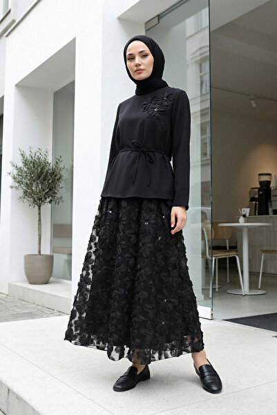 MODAQU Organza Floral Tulle Skirted Crepe Double Set - Black