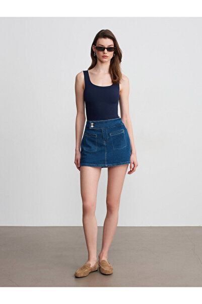 Dilvin 72306 Denim Shorts Skirt with Pocket Detail - Blue