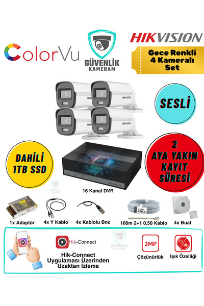 Hikvision Gece Renkli 4 Kameralı AHD Güvenlik Seti 2MP Sesli 1TB Dahili SSD 1...