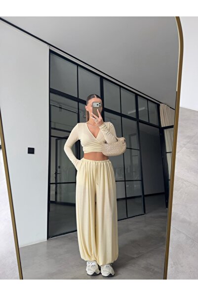 BB Bensu Buyruk SET BLUZĂ TIP CROP CU ȘNURURI ȘI PANTALONI SHALWAR GALBEN