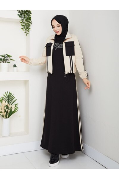 moda4b Γυναικείο Σετ 2 τεμαχίων Μακρύ Φόρεμα και Μπουφάν με Τσέπες Διπλό Βαμβ...