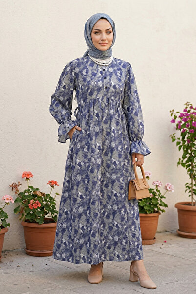 FERHEL Hijab Front Half Buttoned Waist Tie Patterned Dress - Indigo