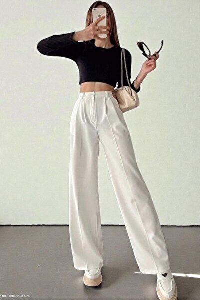 Livik Women's Ecru Loose Fit Comfortable Wide Leg Pleated Fabric Trousers