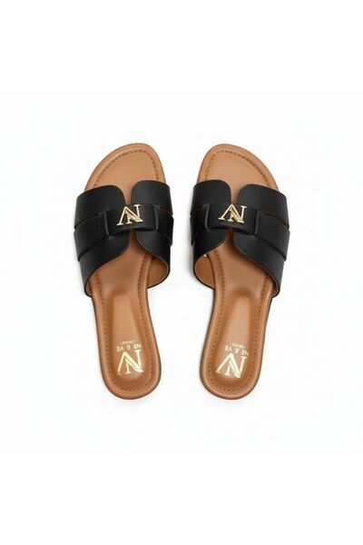 NE&VE SHOES Μαύρες δερμάτινες γυναικείες παντόφλες με χρυσά αξεσουάρ, άνετες ...