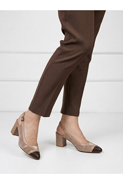 Deripabuc Γνήσιο δέρμα καφέ βιζόν μπεζ γυναικεία δερμάτινα παπούτσια με τακού...