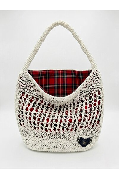 Enie Γυναικεία Ψάθινη Πλεκτή Χειροποίητη Λευκή Τσάντα Παραλίας και Ώμου-Με Επ...