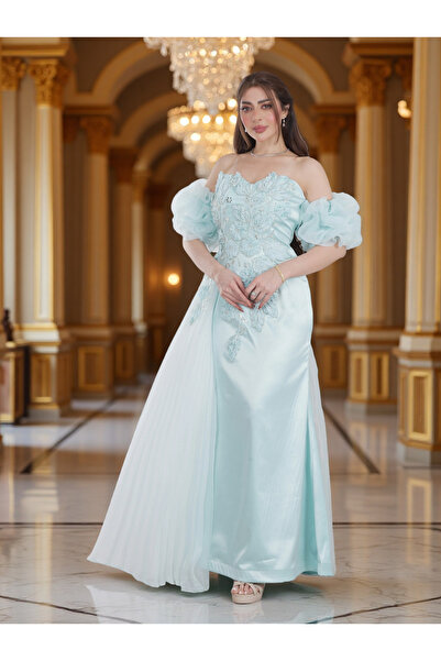 Finelook فستان سهرة فاخر باللون الأزرق النعناعي بتصميم مكشوف الأكتاف مع تطريز...