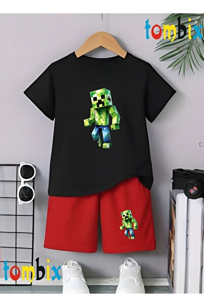 tombix Single Green Shape Printed T-Shirt Shorts Summer Children's Set