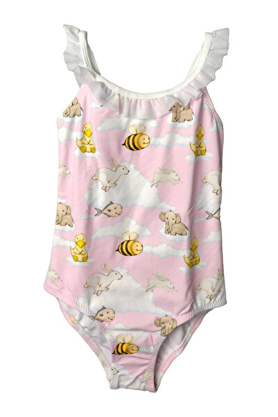 LOOK ME Pink Cute Animals and Cloud Pattern Ruffle Girls' Swimsuit