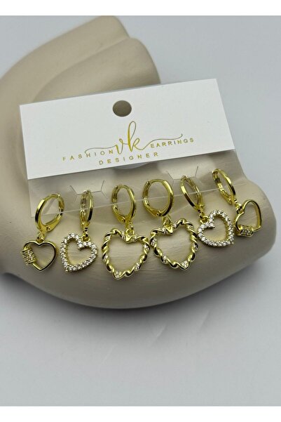 Vip Gold Taşlı Kalp Sallantılı 6'lı Küpe