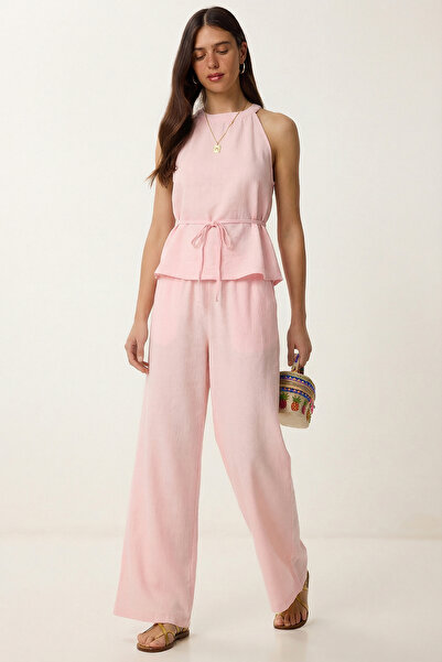 Lovelyİstanbul Σετ με λεπτομέρειες δεσίματος, μπλούζα και παντελόνι από λινό ...