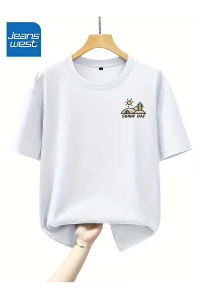 AEMİ Μπλουζάκι Unisex με στάμπα Sunny Day, Oversize, με λαιμόκοψη ποδηλάτου