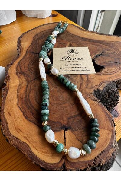 parze doğaltaş Brazilian Emerald and Pearl Design Chain Necklace