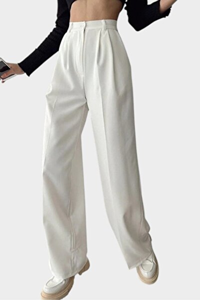 Livik Comfortable Wide Leg Ecru Pleated Fabric Trousers Loose Fit