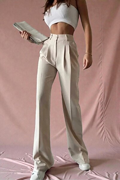 Livik Cream Women's Pleated Wide-Leg Fabric Trousers Comfortable Loose Fit