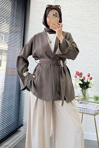 MELEK ARAZ Bronchial Belted Double Breasted Collar Modal Kimono - Khaki