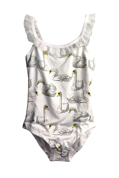 LOOK ME Swan Figured Mesh Shoulder Detailed Girls' Swimsuit