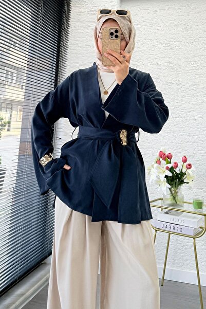 MELEK ARAZ Bronş Belted Double Breasted Collar Modal Kimono - Navy Blue