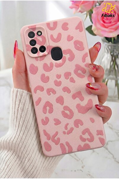 Fibaks Galaxy A21S Kılıf Pembe Leopar Şık Tasarımlı Premium İnce Soft Silikon
